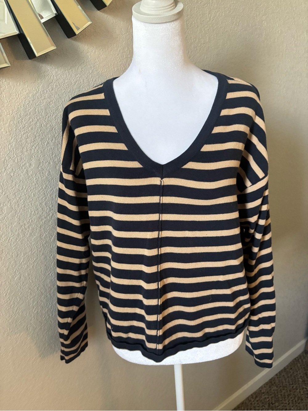 Pact Striped V-Neck Sweater in Navy and Beige